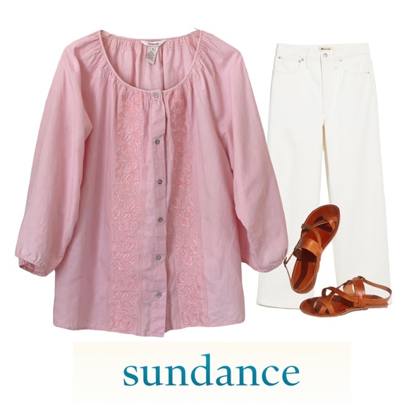 Sundance pink embroidered linen cotton scoop neck blouse SZ XL